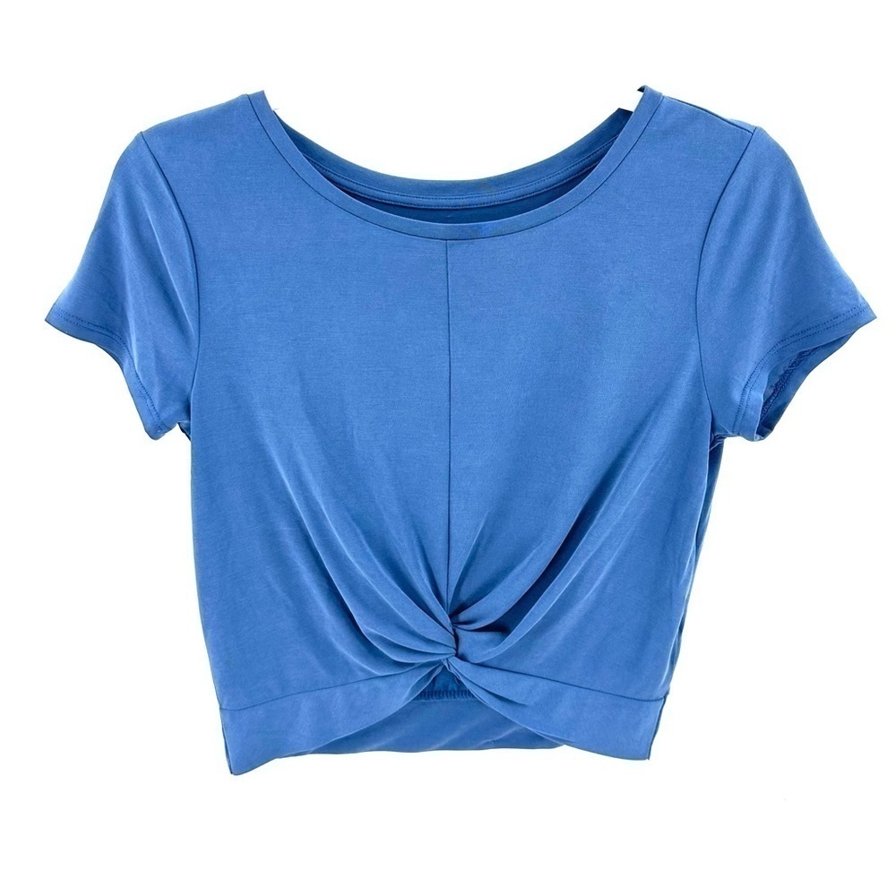Zyia Active Twist Front Crop Top Sz XS Blue Stretch Athletic Workout Yoga Shirt